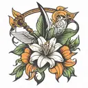 lily flower within bold classic bow and arrow tattoo design idea