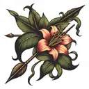 lily flower within bold bow and arrow  tattoo design idea