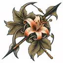 lily flower within bold bow and arrow  tattoo design idea