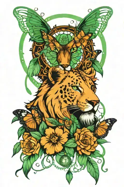 Lion feathers dream catcher butterflies green eyes tattoo design idea