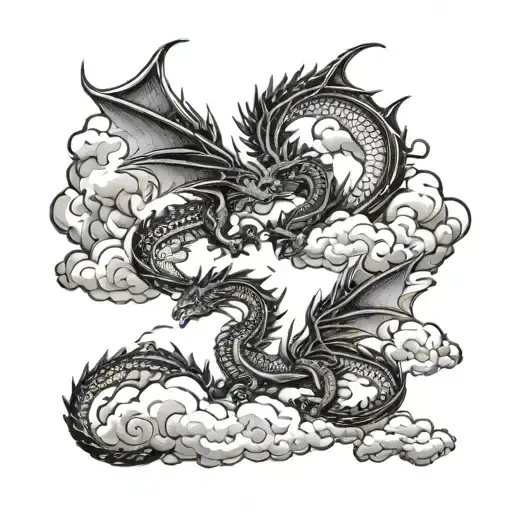 two red dragons surrounded by anime style clouds tattoo design idea