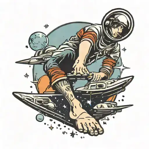 Spaceship person with bare feet looking up at the sky tattoo design idea