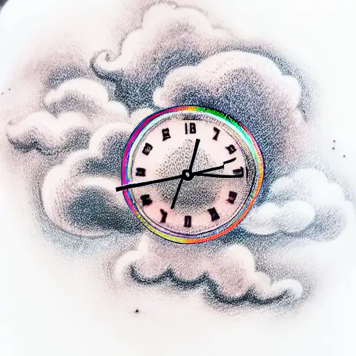 Rainbow between two clouds with a clock in the background tattoo design idea