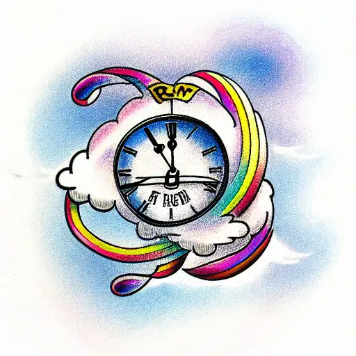 Rainbow between two clouds with a clock in the background tattoo design idea
