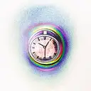 Rainbow between two clouds with a clock in the background tattoo design idea