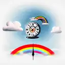 Rainbow between two clouds with a clock in the background tattoo design idea