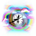 Rainbow between two clouds with a clock in the background tattoo design idea