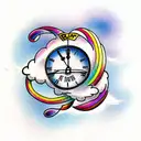 Rainbow between two clouds with a clock in the background tattoo design idea