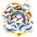 Rainbow between two clouds with a clock in the background tattoo design idea