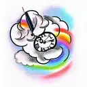 Rainbow between two clouds with a clock in the background tattoo design idea