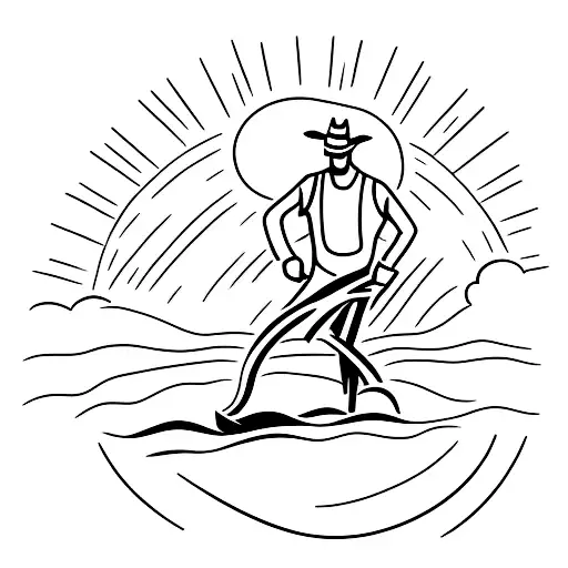 A simple silhouette of a farmer working in a field with the sun setting behind tattoo design idea