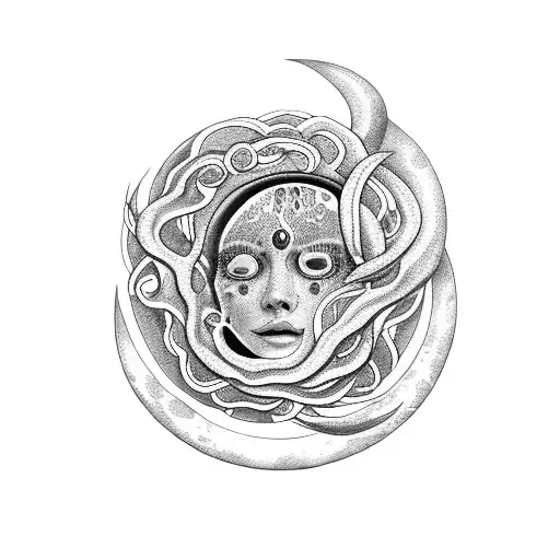 Crying Moon with Tears Becoming Snakes tattoo design idea