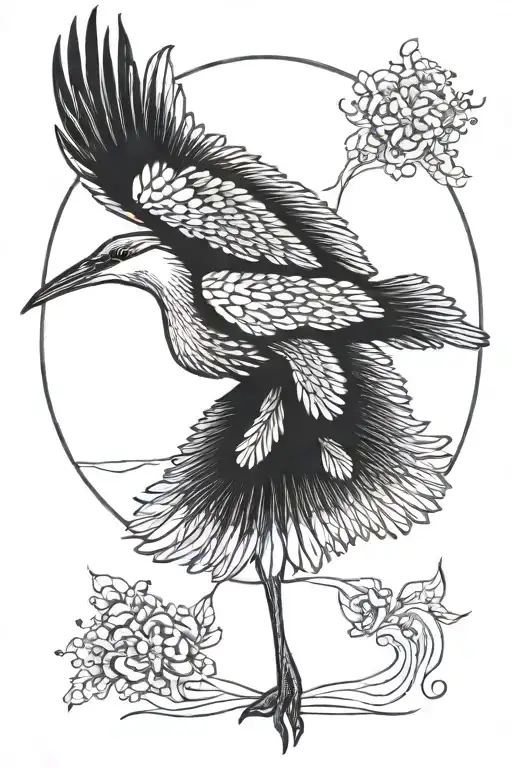 heron flying with 9 wings spread wide symmetrical on back tattoo design idea