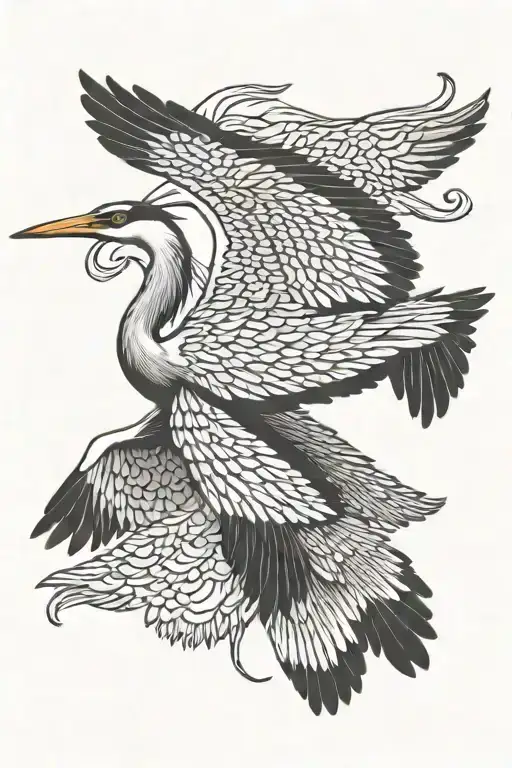 heron flying with 9 wings spread wide  tattoo design idea