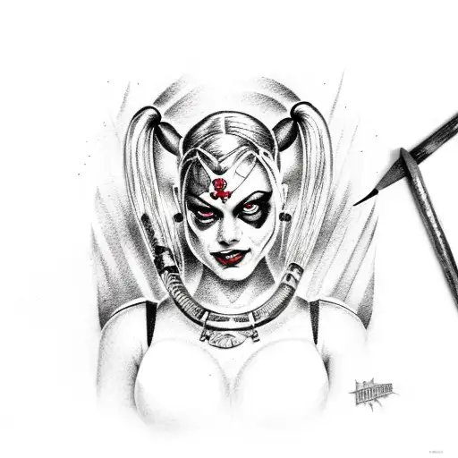 A dotwork tattoo of Harley Quinn holding a Warhammer 40k weapon tattoo design idea