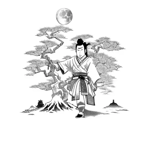 a man dressed as a samurai, leaning on a cherry tree, with the bloody moon in the Japanese forest tattoo design idea