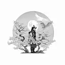 a man dressed as a samurai, leaning on a cherry tree, with the bloody moon in the Japanese forest tattoo design idea