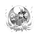 a man dressed as a samurai, leaning on a cherry tree, with the bloody moon in the Japanese forest tattoo design idea