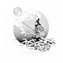 a man dressed as a samurai, leaning on a cherry tree, with the bloody moon in the Japanese forest tattoo design idea