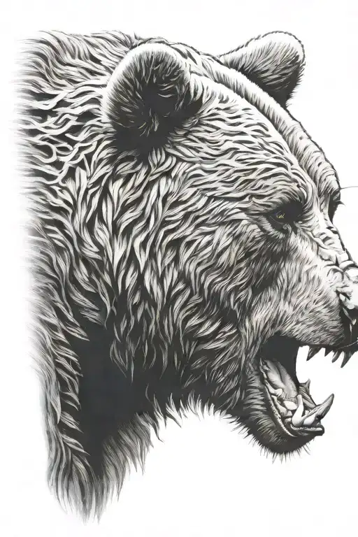 the face of a bear seen from the side, the bear screaming loud imposing, strong  and rude tattoo design idea