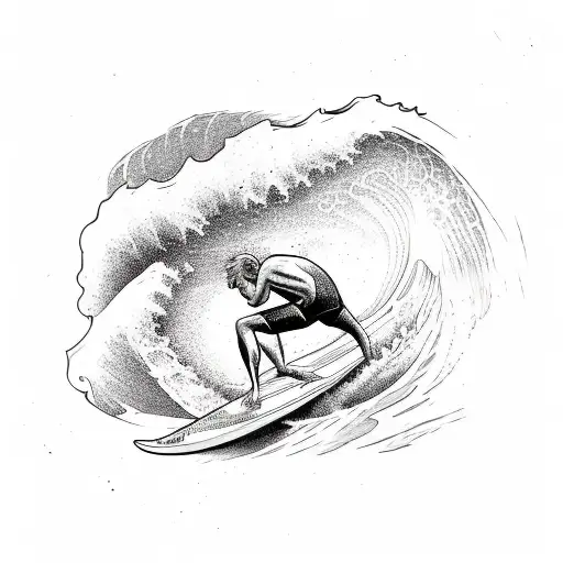A sketch-style tattoo of a surfer riding a wave that transforms into a winding road leading to a cityscape. tattoo design idea