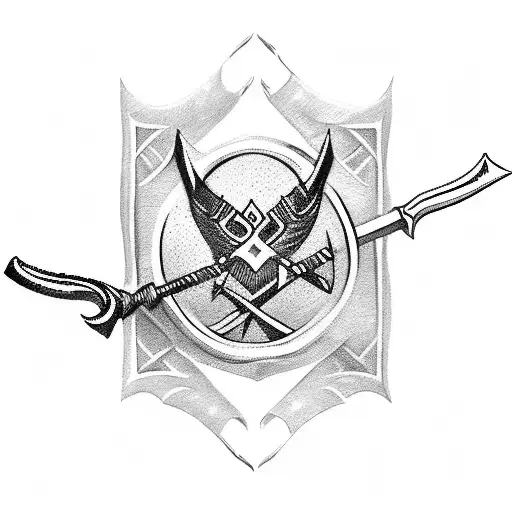 A Spear, Bow, Axe, Sword and Quarter staff, all magical tattoo design idea