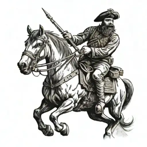 A Ukrainian Cossack riding a horse with artillery in the background tattoo design idea