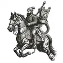 A Ukrainian Cossack riding a horse with artillery in the background tattoo design idea