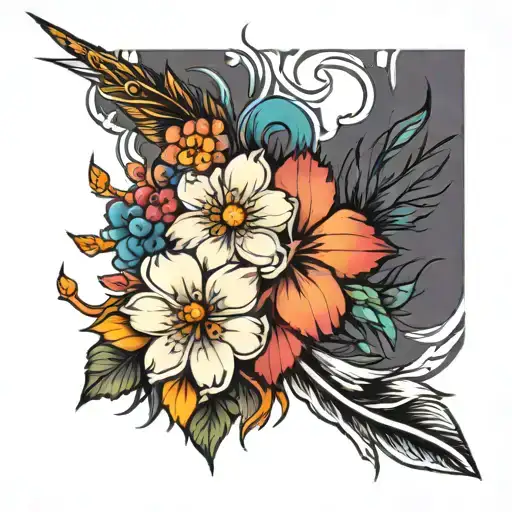 Sakura feathers rainbow tattoo design idea