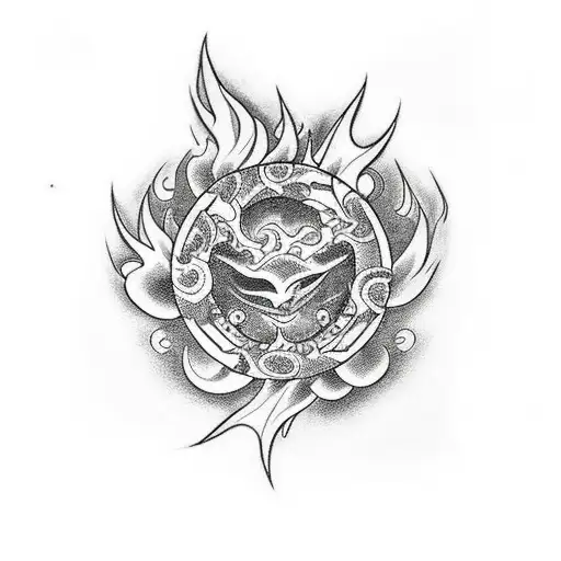 black and white sleeve tattoo with gemoetry transitioning in to flames tattoo design idea