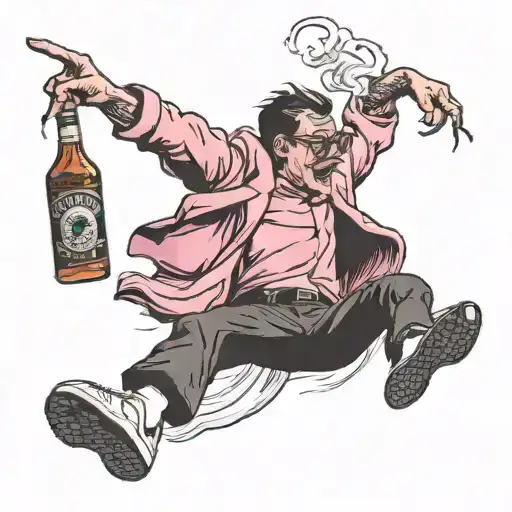 Filthy Frank's pink guy doing a kick flip. smoking a cigarette with a bottle of jack Daniels in his other hand. tattoo design idea