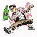 Filthy Frank's pink guy doing a kick flip. smoking a cigarette with a bottle of jack Daniels in his other hand. tattoo design idea