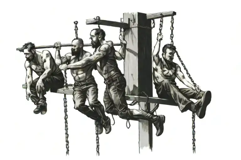 3 men hanging from gallows and another man watching  tattoo design idea
