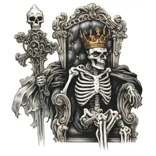 Tattoo of a skeleton king with a crown sitting in a throne holding a sword  tattoo design idea
