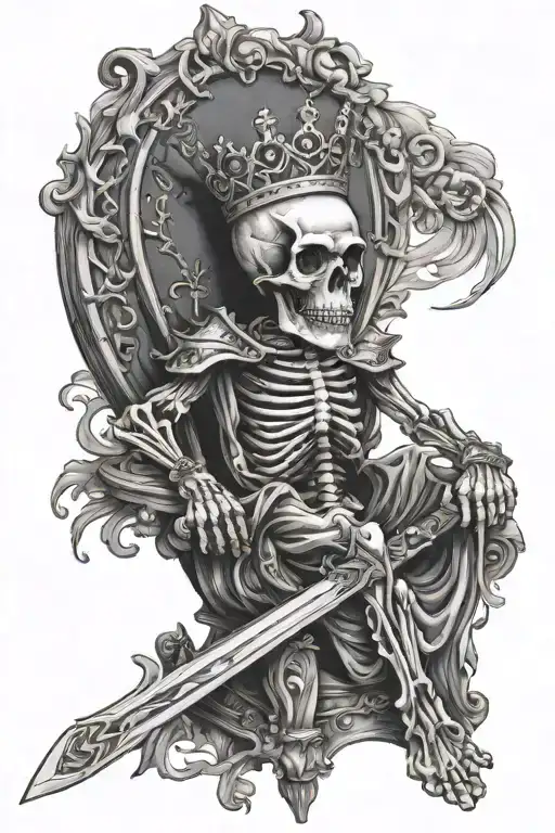 Tattoo of a skeleton king with a crown sitting in a throne holding a sword with both hands tattoo design idea
