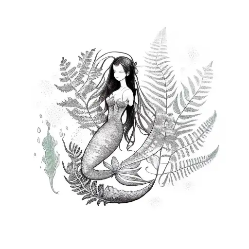 Mermaid with fern leaf tattoo design idea
