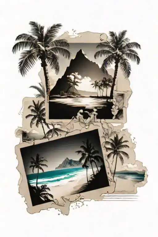 Polaroid pictures with summer holiday motifs, sometimes a beach and palm trees, sometimes a mountain panorama tattoo design idea