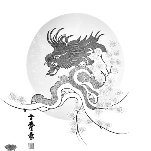 samurai and phoenix  with cherry blossom tree tattoo design idea