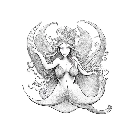 mermaid with hair as the virgo symbol and a single trident as the pisces symbol tattoo design idea