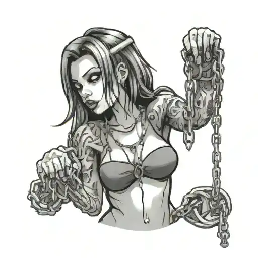 Female in chains, cartoon, horror movie characters tattoo design idea
