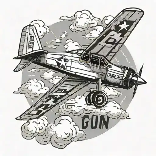 A vintage fighter plane soaring through the clouds with the phrase 'Top Gun Maverick' in a bold font tattoo design idea