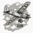A vintage fighter plane soaring through the clouds with the phrase 'Top Gun Maverick' in a bold font tattoo design idea