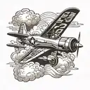 A vintage fighter plane soaring through the clouds with the phrase 'Top Gun Maverick' in a bold font tattoo design idea