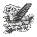 A vintage fighter plane soaring through the clouds with the phrase 'Top Gun Maverick' in a bold font tattoo design idea