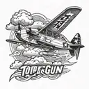 A vintage fighter plane soaring through the clouds with the phrase 'Top Gun Maverick' in a bold font tattoo design idea
