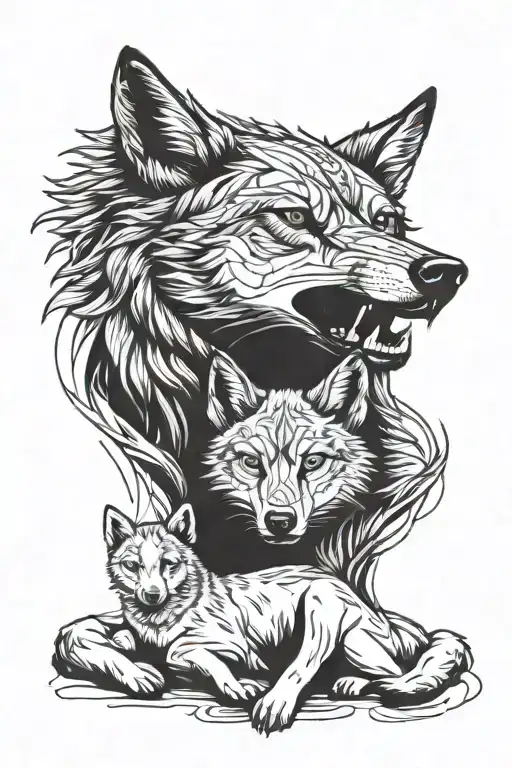 alpha mal wolf with daughter pup, protecting tattoo design idea