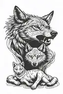 alpha mal wolf with daughter pup, protecting tattoo design idea