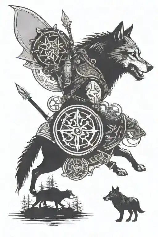 nordic tattoo with Viking warrior, Wolf and vegvisir symbol tattoo design idea