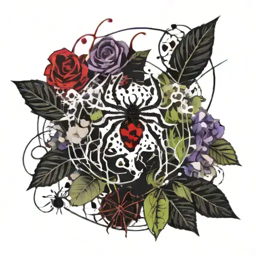 Chaos symbol with spider we b in middle surrounded by violets tattoo design idea