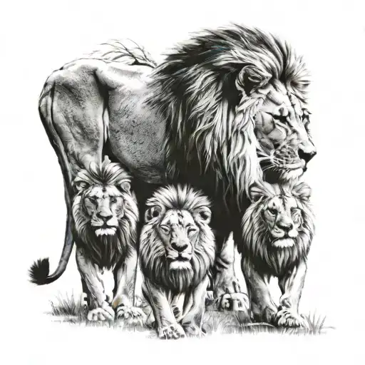 grandfather lion with father and son holding hands in the nature tattoo design idea